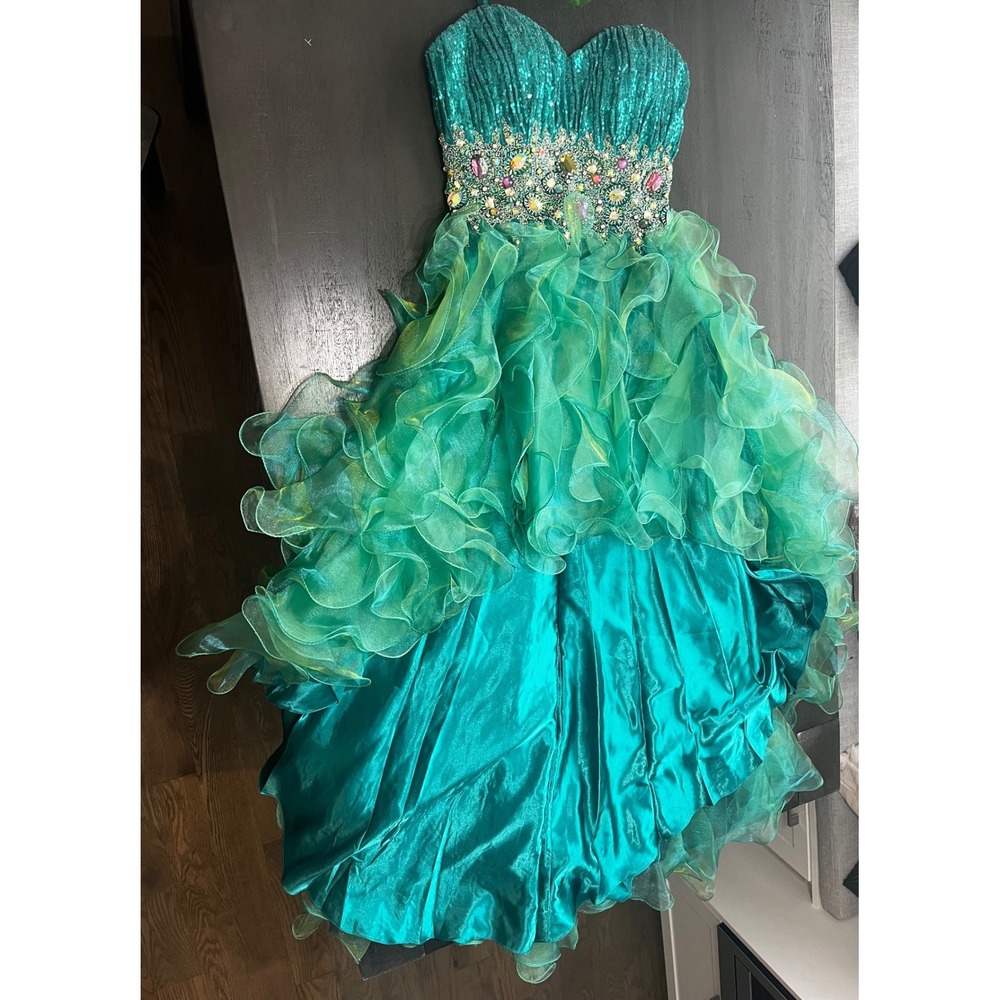 Emerald Green High Low Dress Sequin Crystal Embellished Ruffle Gown Strapless SM - Picture 7 of 17